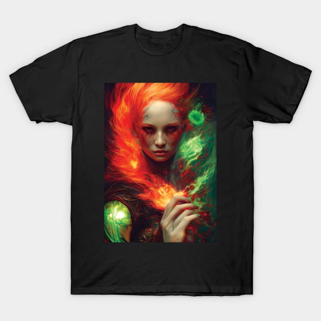 Beautiful Fire Mage | Fantasy Artwork | Pyromancer | Fire Sorceress | Abstract Painting T-Shirt by GloomCraft